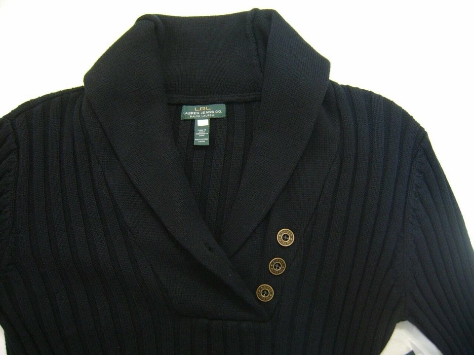 Ralph Lauren Mujer Cable Nuevo Chal Suéter Sudadera Pequeña S Negro Dorado Botón Foto 2 de 4