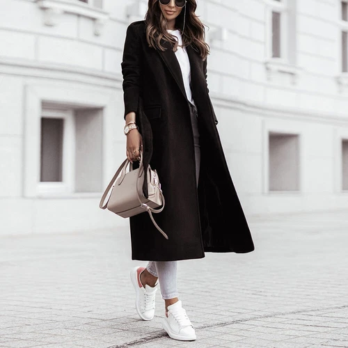 Women Trench Jacket Winter Long Windproof Lapel Belted Overcoat Outwear Coat - Bild 13 von 20