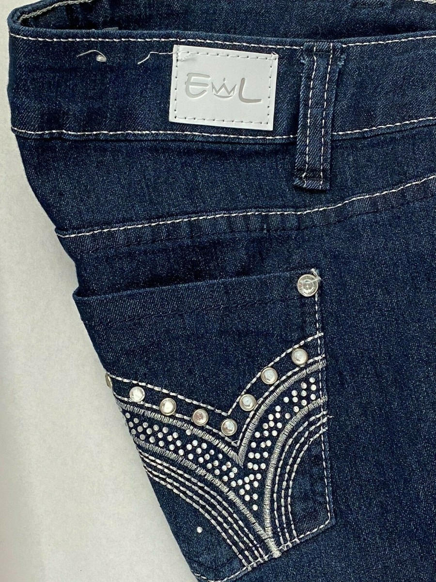 E-LINE Womens Rhinestone Bling Plus Size Stretch Blue Jeans