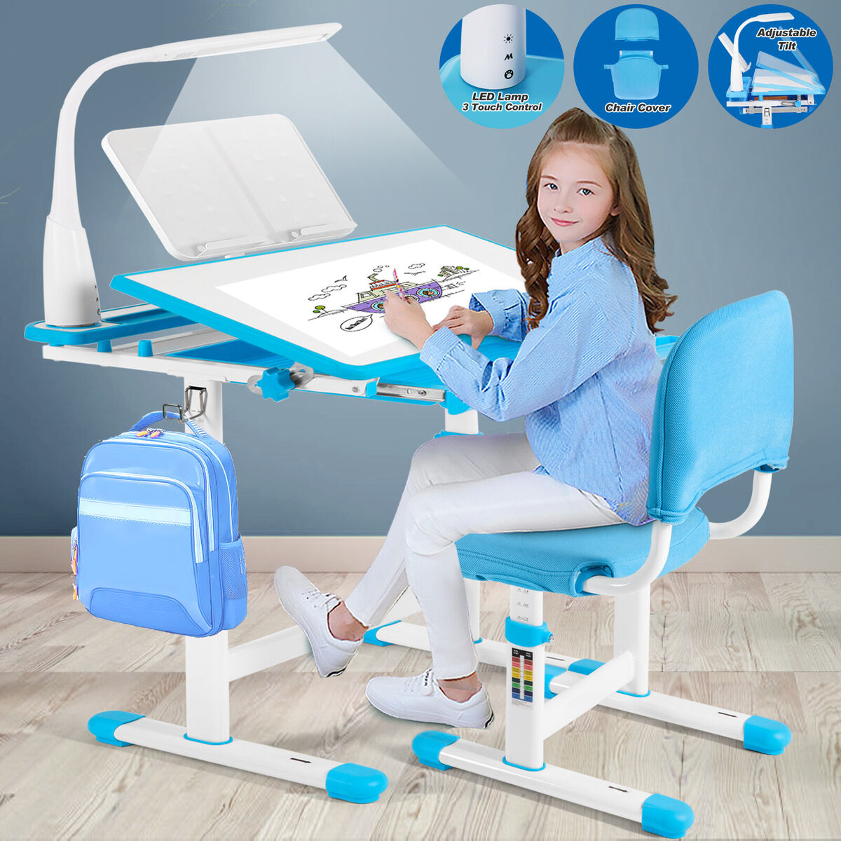 Kids Blue Desk Chair Set Height Adjustable Children Study Kids Blue Desk Chair Set Height Adjustable Children Study