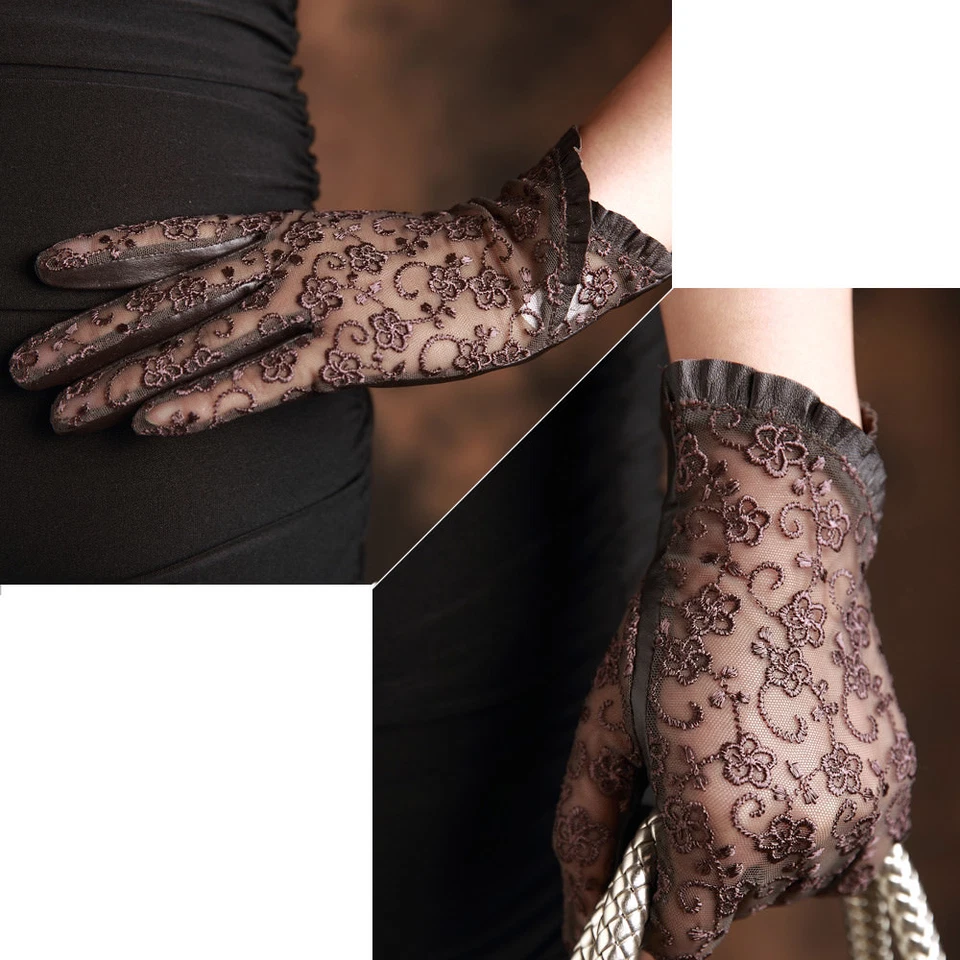 Women's Ladies Real Leather&Lace Touchscreen Unlined Fashion Sexy Short Gloves - Image 2 of 4