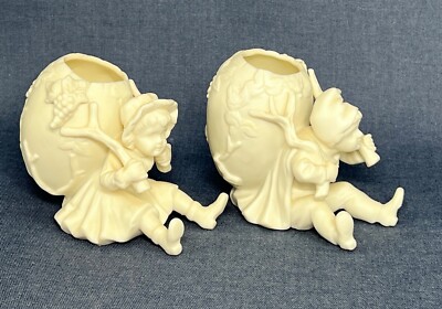 White Porcelain Vineyard Harvest Basket Egg Boy Girl Vase Figurine Collectible