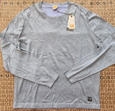 Image of New Hugo Boss mens grey cotton v-neck thin knitted knit jumper pullover top XXL