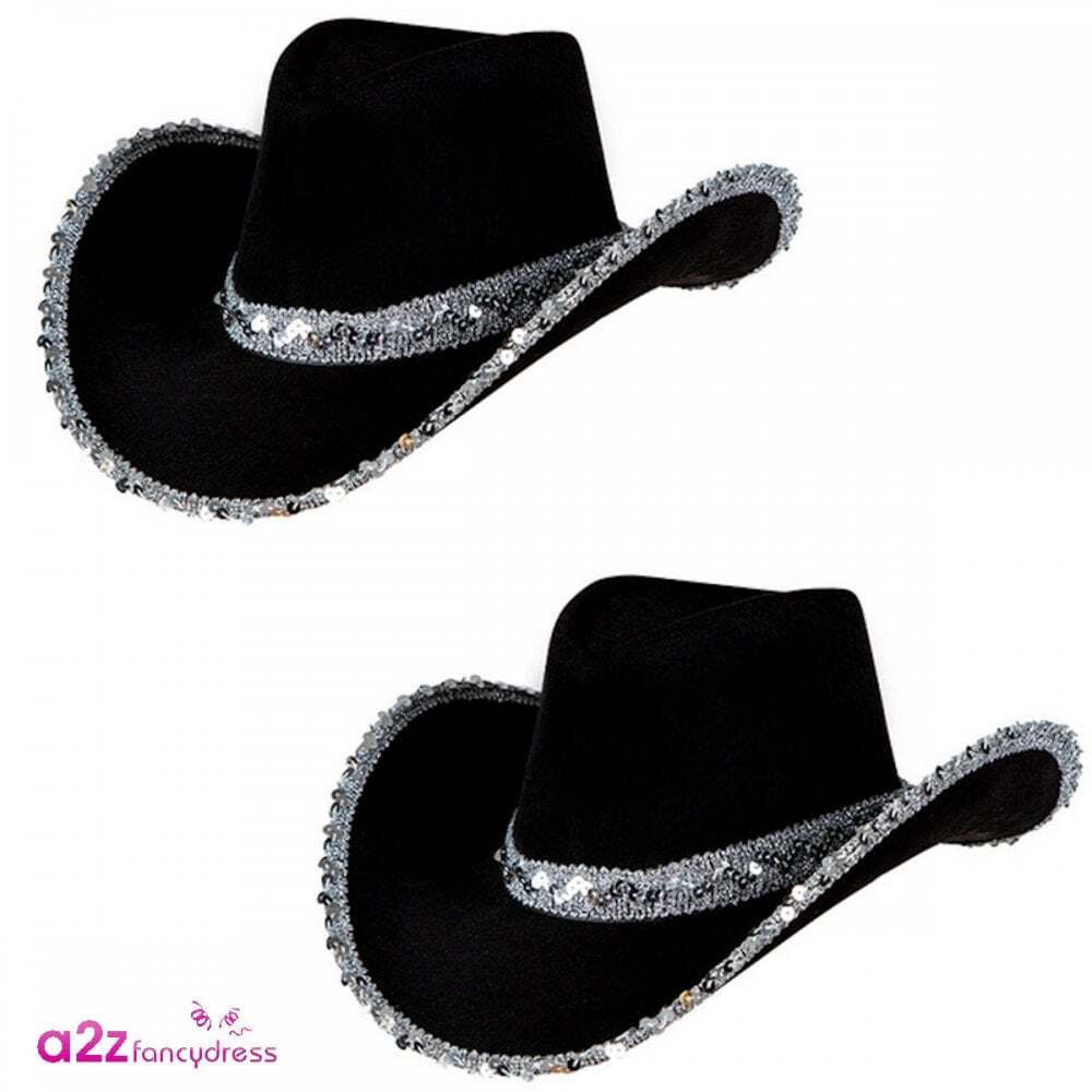 2 x Texan Cowgirl Black Sequin Hats Adult Wild West Cowboy Hen Party Fancy Dress