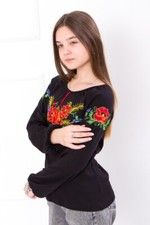 Blouse for girl Vyshyvanka black, cotton 100 , Ukraine, Embroidered long sleeves