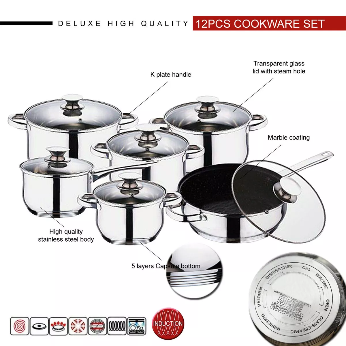 STAINLESS STEEL 12 Pcs INDUCTION HOB CASSEROLE POT COOKWARE SAUCEPAN DINING  SET