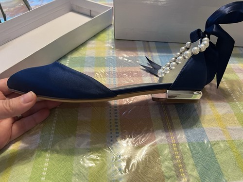 Navy Blue Flats for Bride Satin Pearls Round Toe Women Dress Shoes Size 9 - Picture 5 of 10