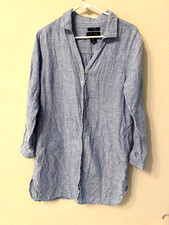Tahari 100% Linen Shirt Dress size S blue pockets roll tab sleeve beachy coastal