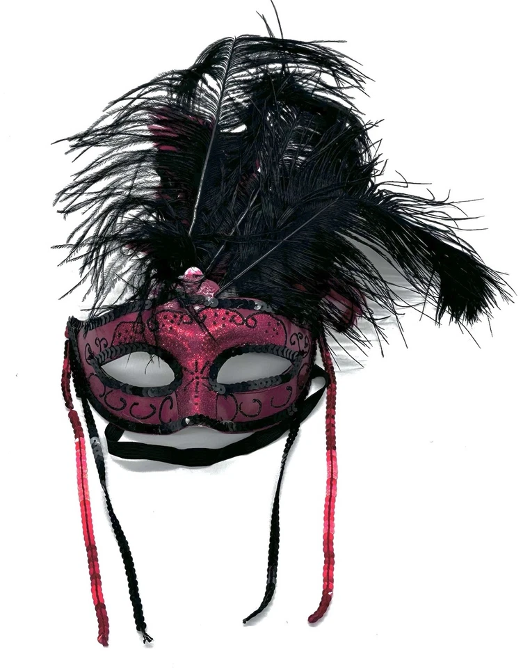 Venetian Style Masquerade Feathered Half Mask Red Black Sequins Halloween GUC - Image 3 of 4