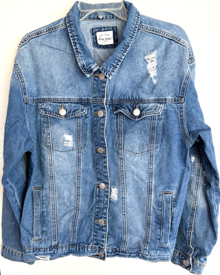 Denim Trucker Jacket wax加工 Wax Jean Denim Jacket Womens L Blue Distressed Basic Trucker