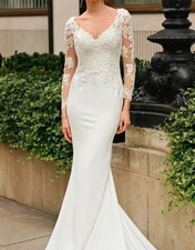 Wed2B Ellwood White Lace Long Sleeve V-Neck Column/Sheath Wedding Dress