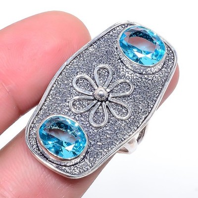 Blue Topaz Gemstone 925 Silver Plated Jewelry Ring s.8 M149