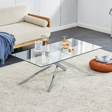 39.37" Rectangular Clear Tempered Glass Coffee Table Silver Chrome Plated Legs