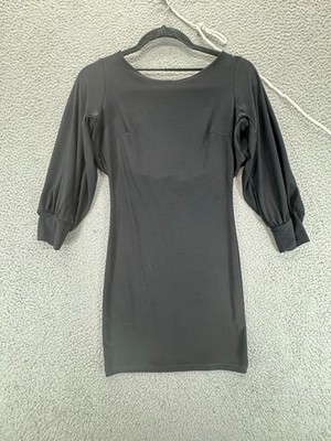 Forplay Mini Dress S Black Gold Beaded Open Drape Back Slit Bishop Sleeve Party