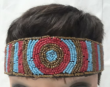 Artist Handcrafted Beaded Gold, Red Blue Stretchable Headband OOAK