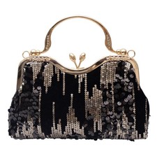 lapulio Vintage sequined velvet evening bag flower hardware samll, Black