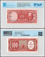 Chile 10 Centesimos on 100 Pesos, 1960-1961 ND, P-127a, UNC, Authenticated