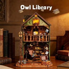 3D Wooden Puzzle Owl Library Book Nook Lights DIY Miniature Dollhouse Kit