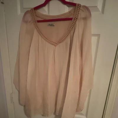 Elena Baldi V-Neck Long Sleeve Beige Plus 2X Pullover Crochet Tunic Blouse
