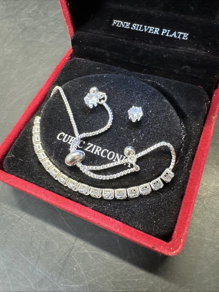BRACELET AND EARRINGS-DANECRAFT-CUBIC ZIRCONIA-FINE SILVER PLATE-IN BOX - Image 4 of 4