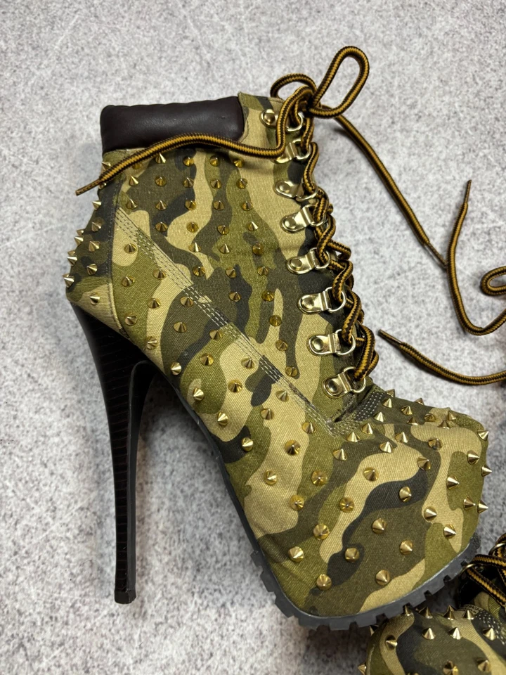 Sexy New Rock Style Spikes Camo Avant Garde Boots Shoes High Heel Womens - Image 4 of 4