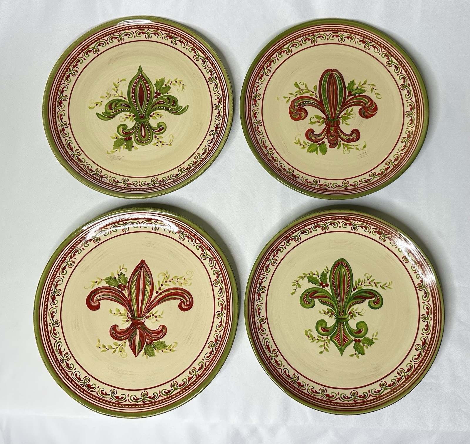 Artimino 4-Piece Fleur De Lis Holiday Christmas Salad Plates 8 7/8”