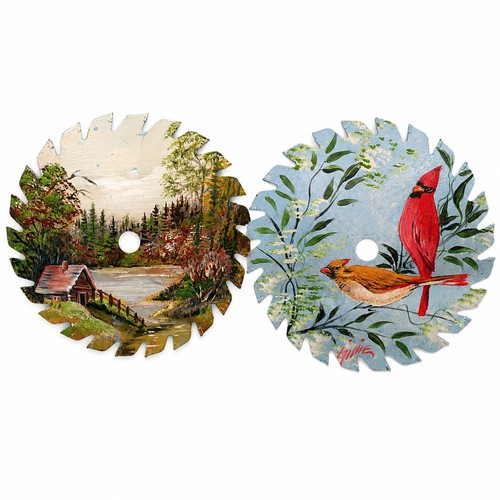 Hand Painted Circular Saw Blade 2 Sided Art Cardinal Cabin Landscape Folk Art 7"