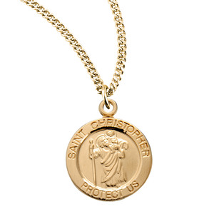 Authentic Patron St Christopher Round Gold Plated Sterling Silver Medal Necklace, 18"Chain