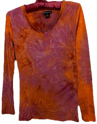 Esti Couture Top S Orange Pink Tie Dye Print Stretch Knit Boho Hippie Y2K Shirt
