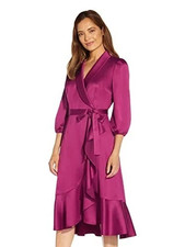 Adrianna Papell Dress 8 Pink Plum Faux Wrap Satin Silky Ruffle Tie Belt NEW $169
