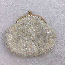 Vintage Sequins Coin purse bag Gold Kiss lock opening Satin Lining white Creme
