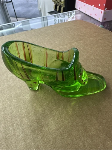 FENTON ART GLASS HAND PAINTED CHRISTMAS SHOE / SLIPPER IN KEY LIME