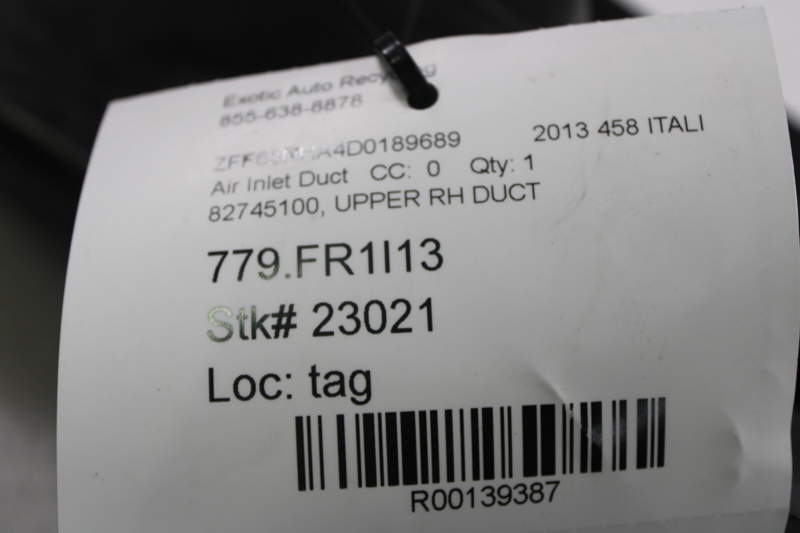 Ferrari 458 Italia, Spider, RH, Right, Front Upper Air Duct, Used, P/N 82745100