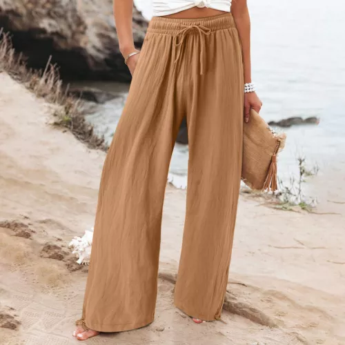 Women Loose High Waist Drawstring Cotton Linen Wide Leg Long Pants With Pockets - Picture 20 of 44