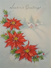 Christmas Card Vintage - Embossed Poinsettias Winter Village - Grinnell NYC