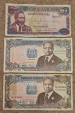 Kenya: 3 old banknotes. 100 Shillings 1978 VG, 200 - 1986 VG, 200 - 1992 Fine.