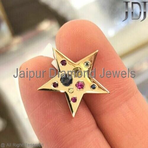 Natürlich Multi Saphir Edelstein Massiv 14K Gelbgold Star Anhänger Schmuck - Bild 2 von 11