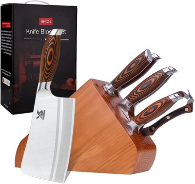 9pcs Knife Block Set German Steel Kitchen Knife Set Precious Pakkawood
