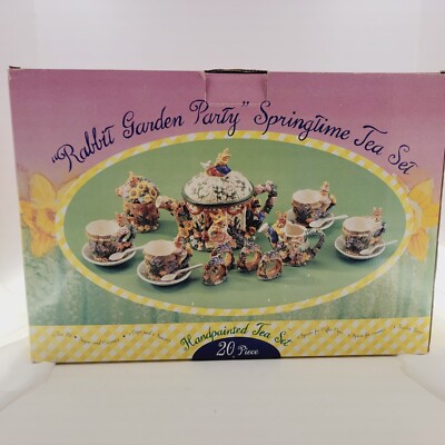 Vintage ''Rabbit Garden Party'' Springtime Tea Set 22 Piece Handpainted Ceramic