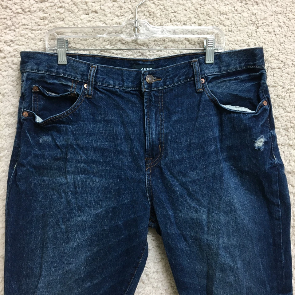 Aero Jeans 36x32 Mens Blue Denim Slim Straight Distressed Ripped Medium Wash - Image 2 of 4