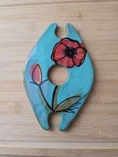 Wine & Glass Display Caddy Blue w/Red Flower  Artist Signed Kelly Jo Pottery