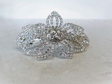 Large silver flower shaped crystal hair barrette clip bridal clip bridal