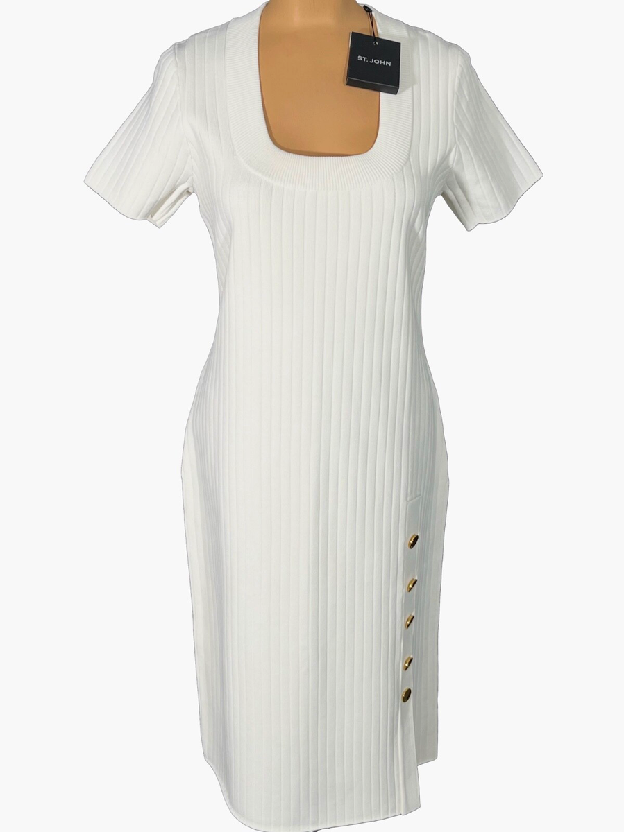 st john knit sheath dress NWT ST. JOHN Knits Ecru Flat Back Rib Knit Shift Sheath Dres sz M $795