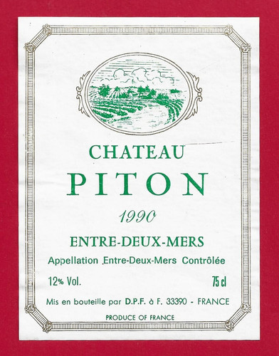 92 22 Etikett Bordeaux zwischen 2 Meeren Château Piton 1990 Einsatz DPF auf 33390