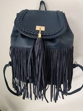 J. Francis Blue Fringe Detail Womens Large Faux Leather Backpack/Pocketbook