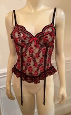 SEDU WN SZ M TEDDI WITH ATTACHED GARTERS RED  BLACK LACE RUFFLED 100 NYLON