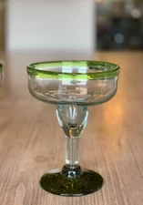 Hand Blown Green Rim & Base Bubble Stemmed Margarita Glass Mexico 6.5”