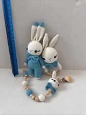 Handmade Crochet Amigurumi Bunny Baby Gift Set   Rattle, Teether  Pacifier Clip