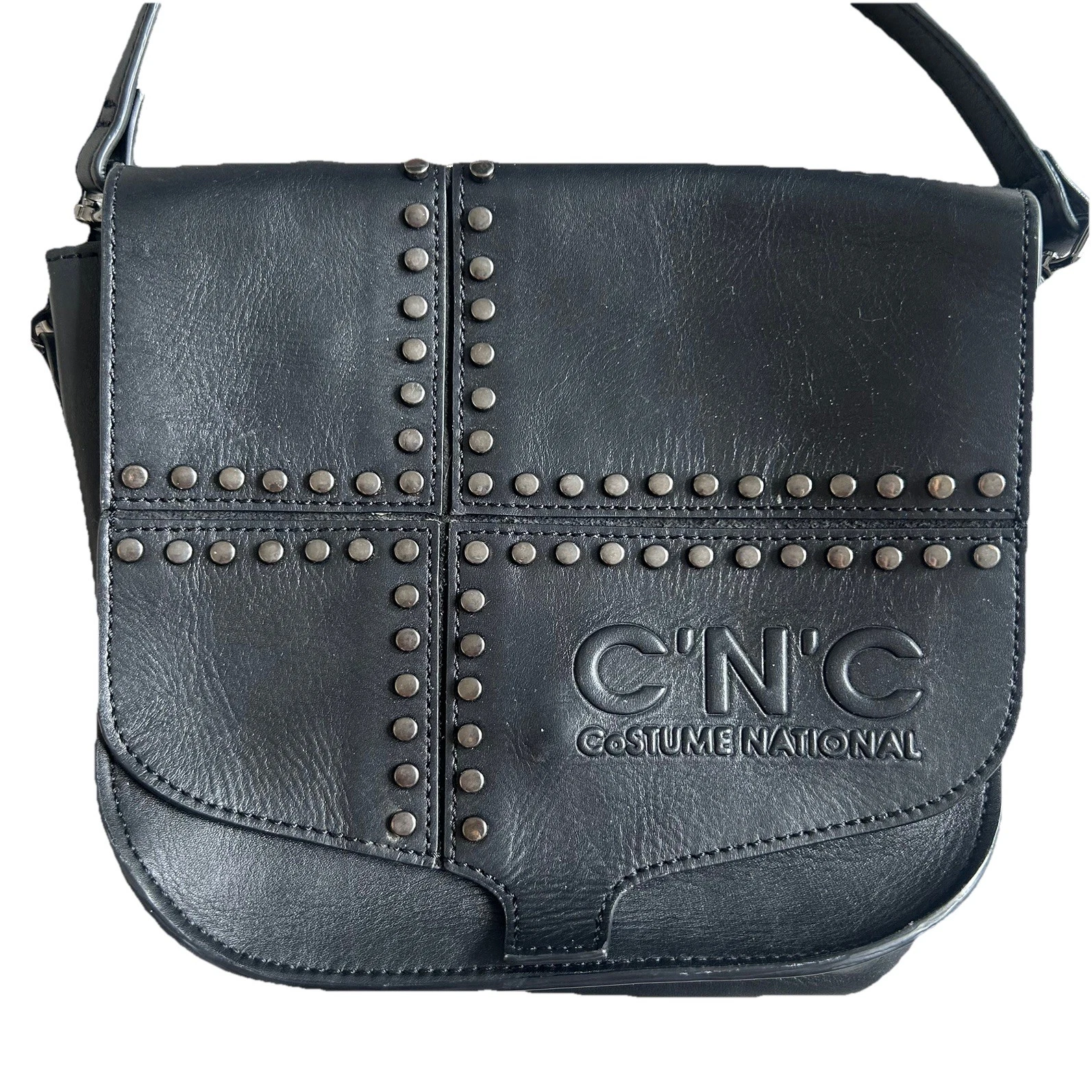C'N'C CoSTUME NATIONAL Black Studded Cow Leather Small Designer Handbag - 9”x 8”
