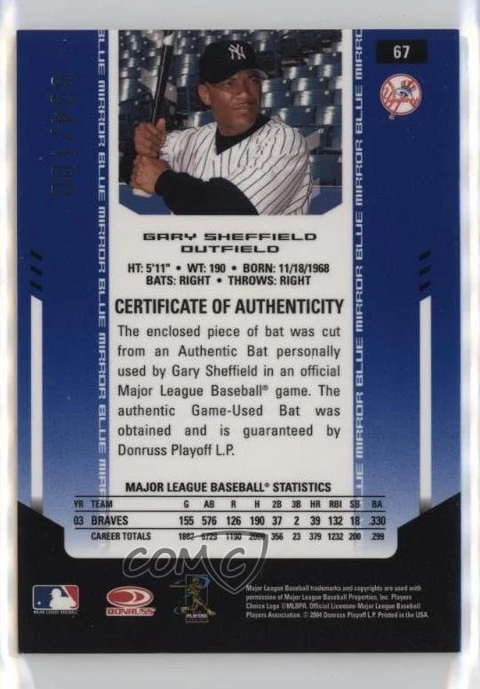 2004 Leaf Certified Materials Blue Mirror Bat /100 Gary Sheffield #67 - Image 2 of 2